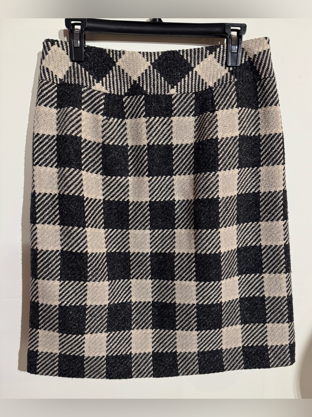 Talbots Black Cream Check Pencil Skirt Italian wool pockets knee length sz 6